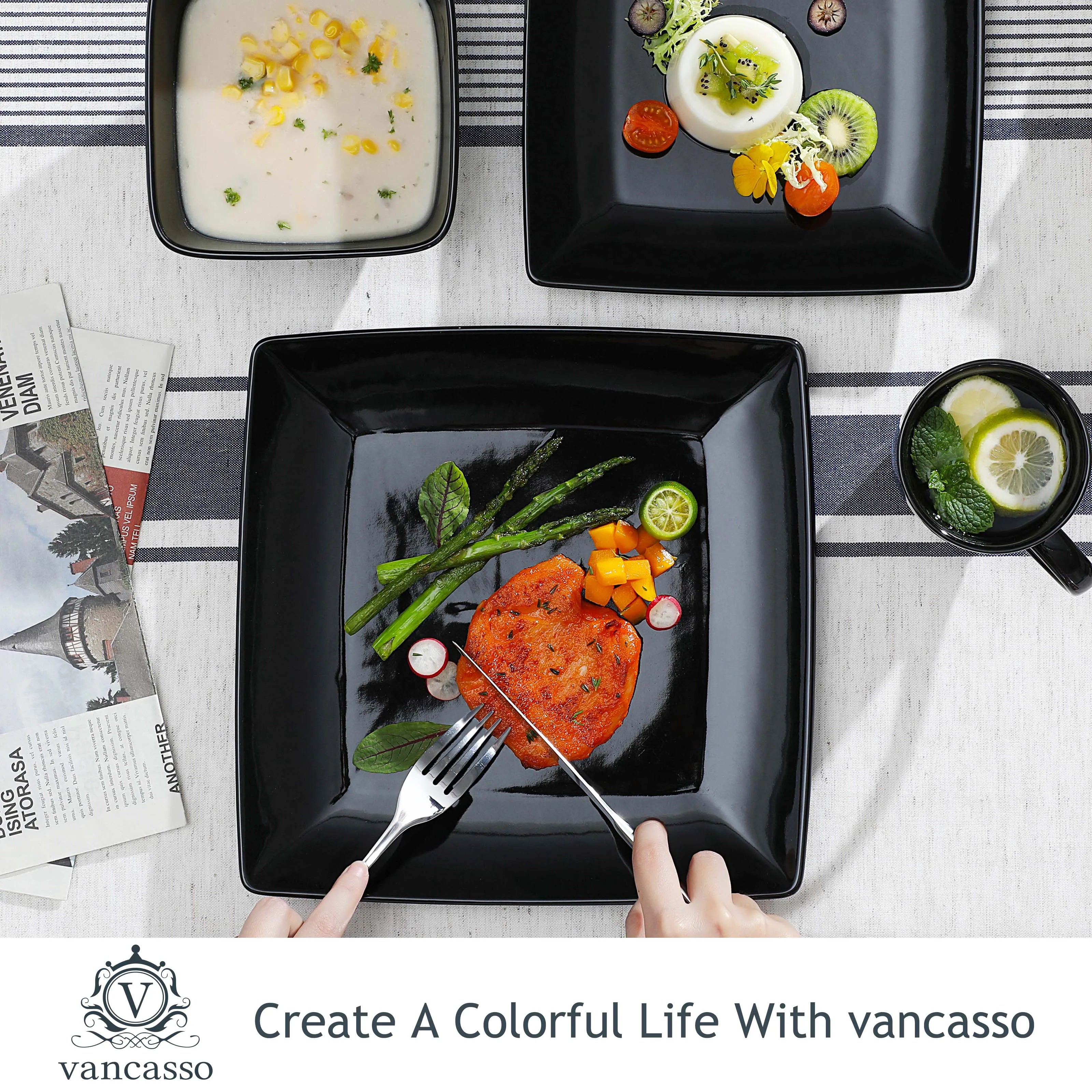 16/32/48-Pc. Black Porcelain Square Dinnerware Set