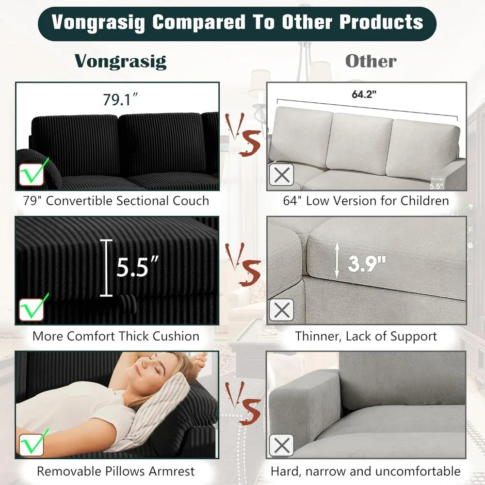 79" L Shaped 3 Seat Convertible Sofa