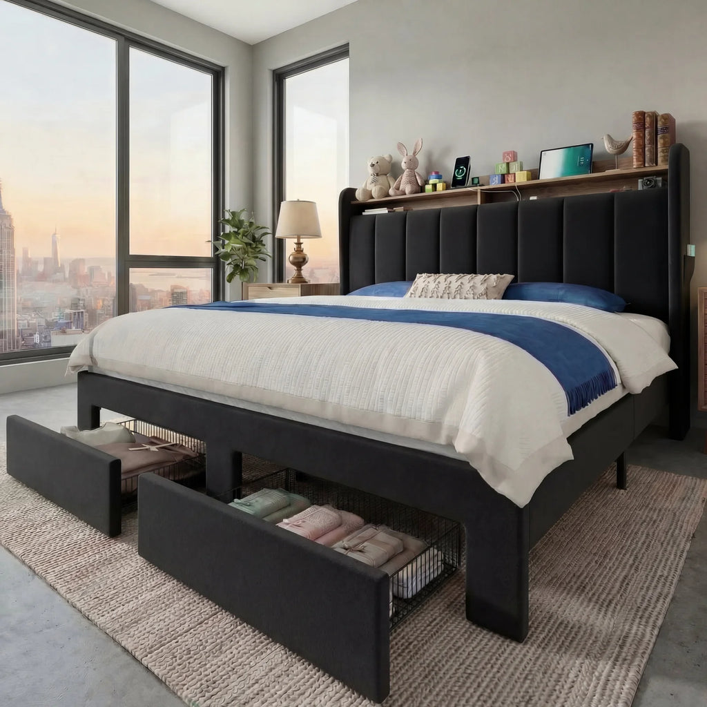 Bed Frame, 2 Drawers, 2 Shelves, LED Lights, Charging Station