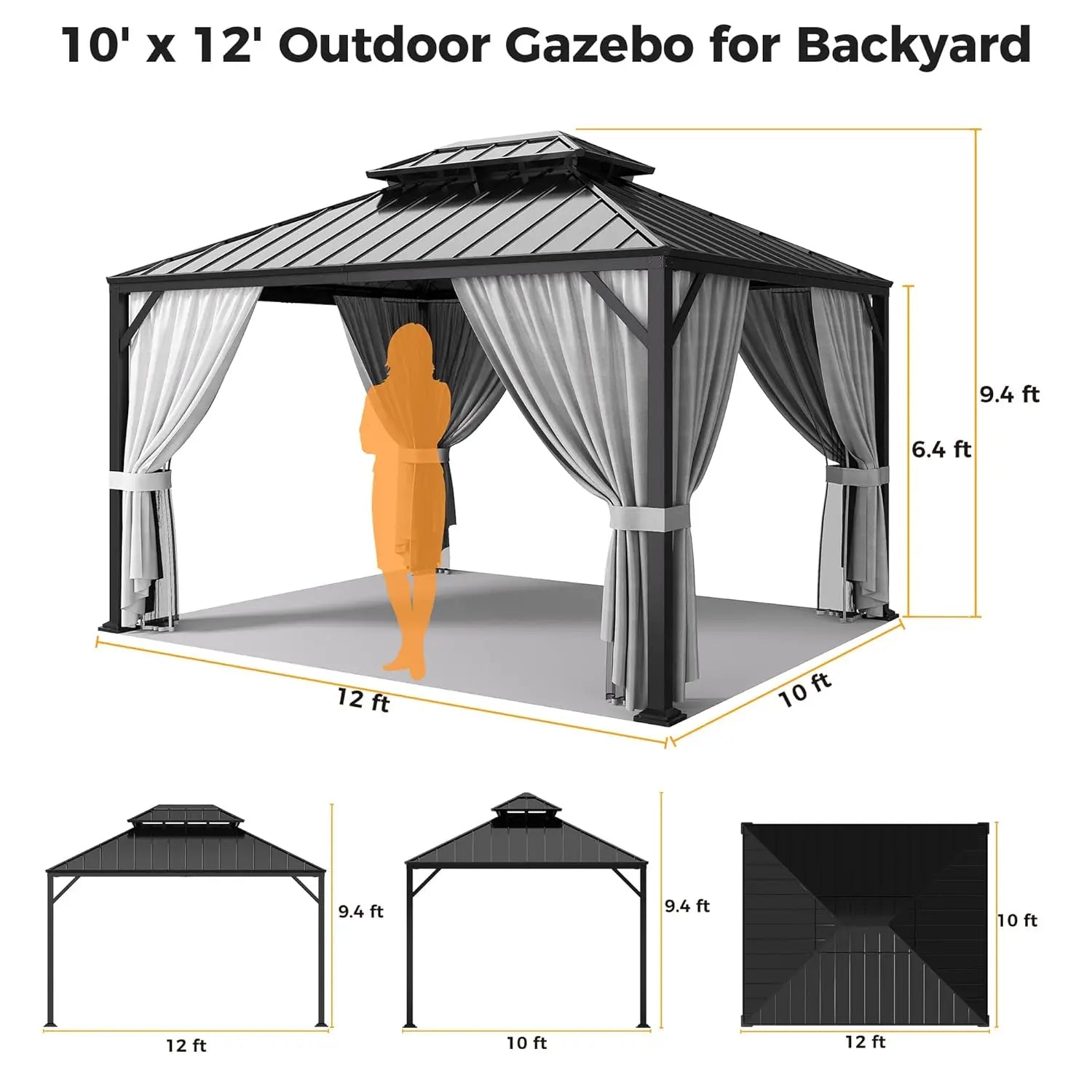 10'x12' Outdoor Hardtop Gazebo, Aluminum