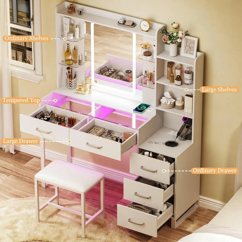 Vanity Desk with LED Mirror, Wireless Charging, 3 Color Lights, Power Outlet