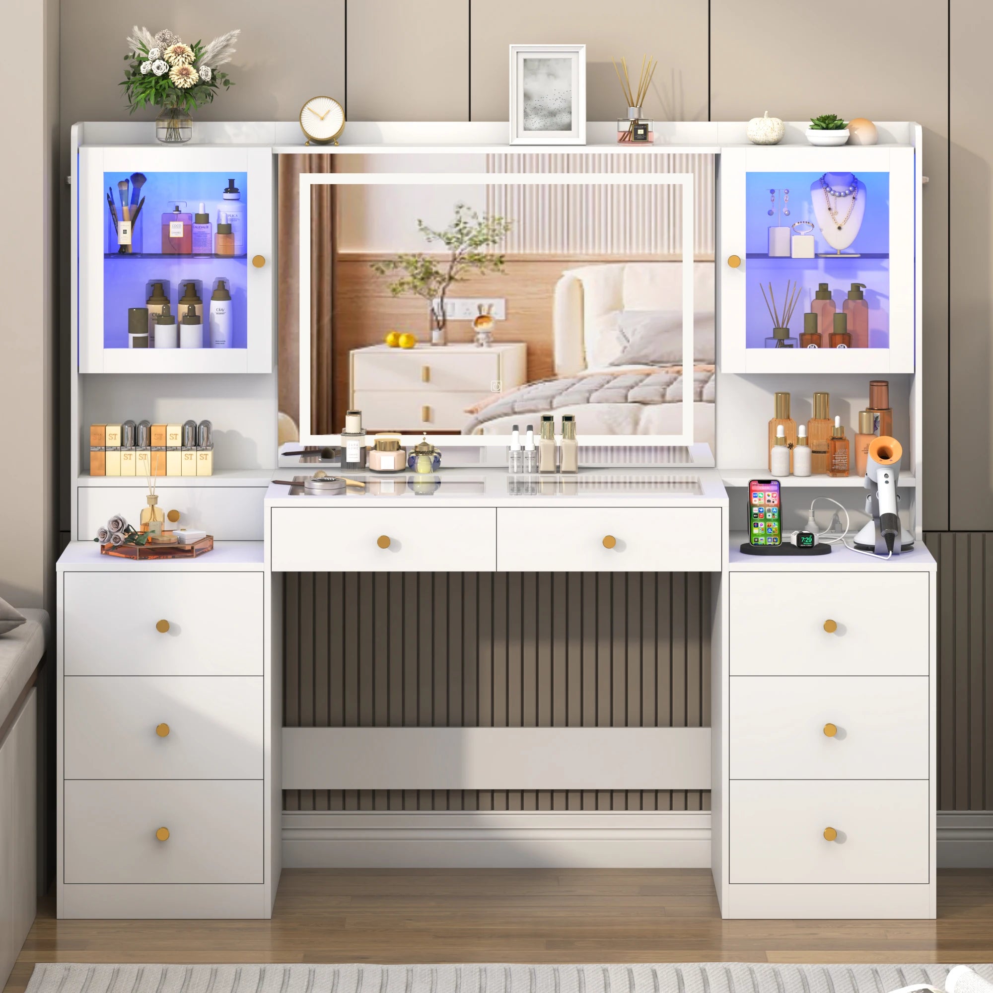 62" Large Vanity Desk with Mirror and Lights