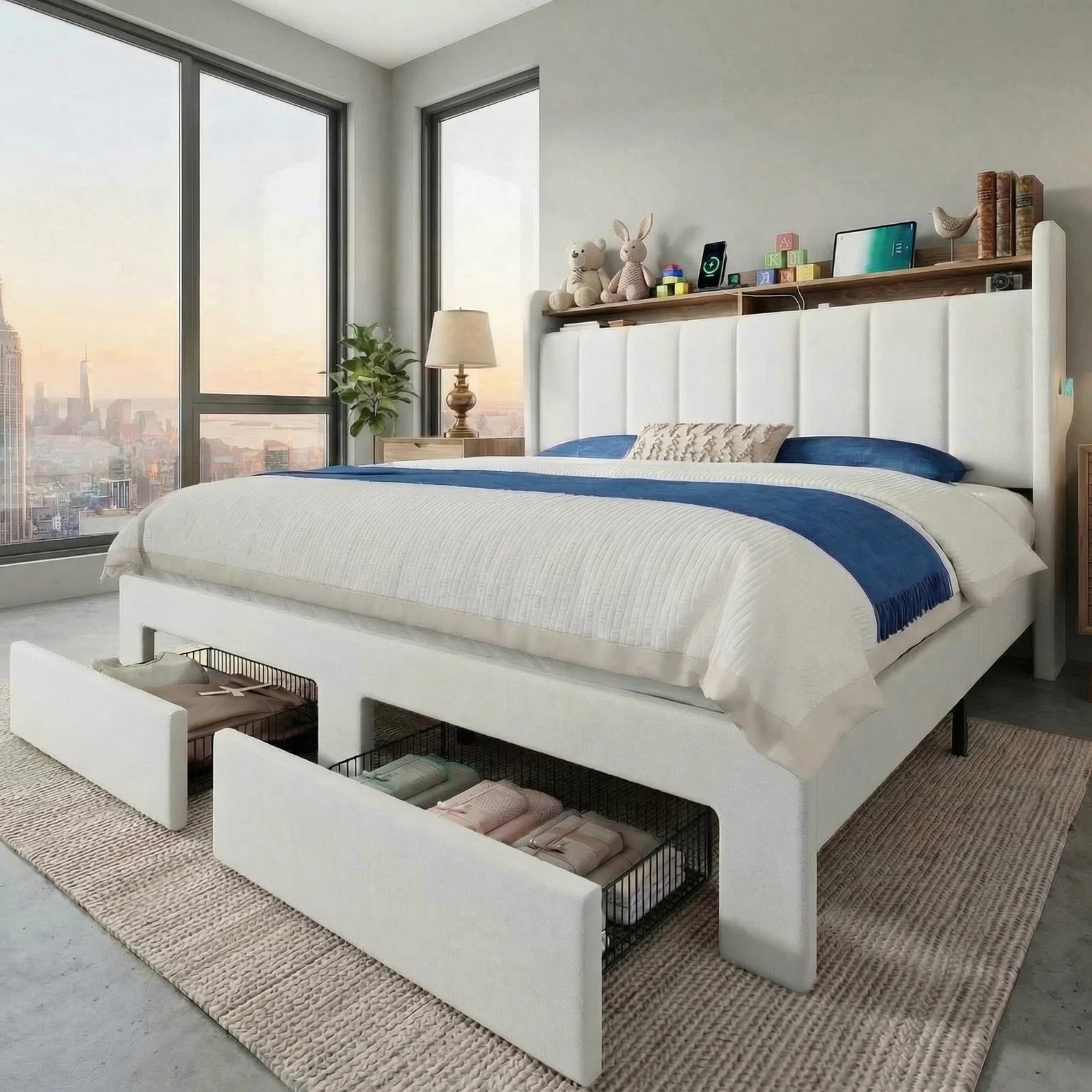 Bed Frame, 2 Drawers, 2 Shelves, LED Lights, Charging Station