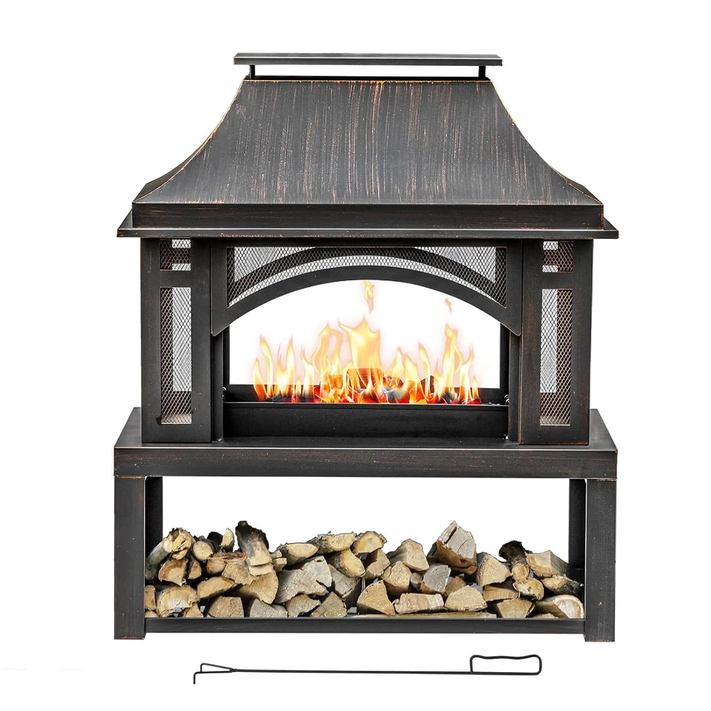 39" Wood Storage Fireplace, Chimney, Mesh Spark Screen