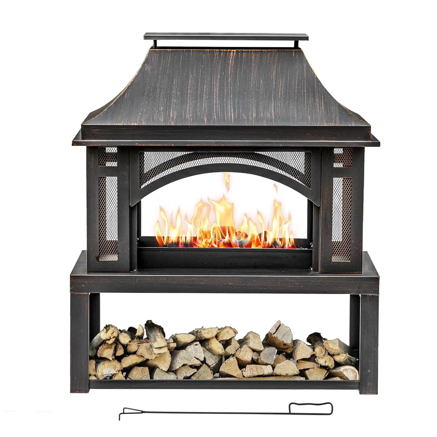 39" Wood Storage Fireplace, Chimney, Mesh Spark Screen