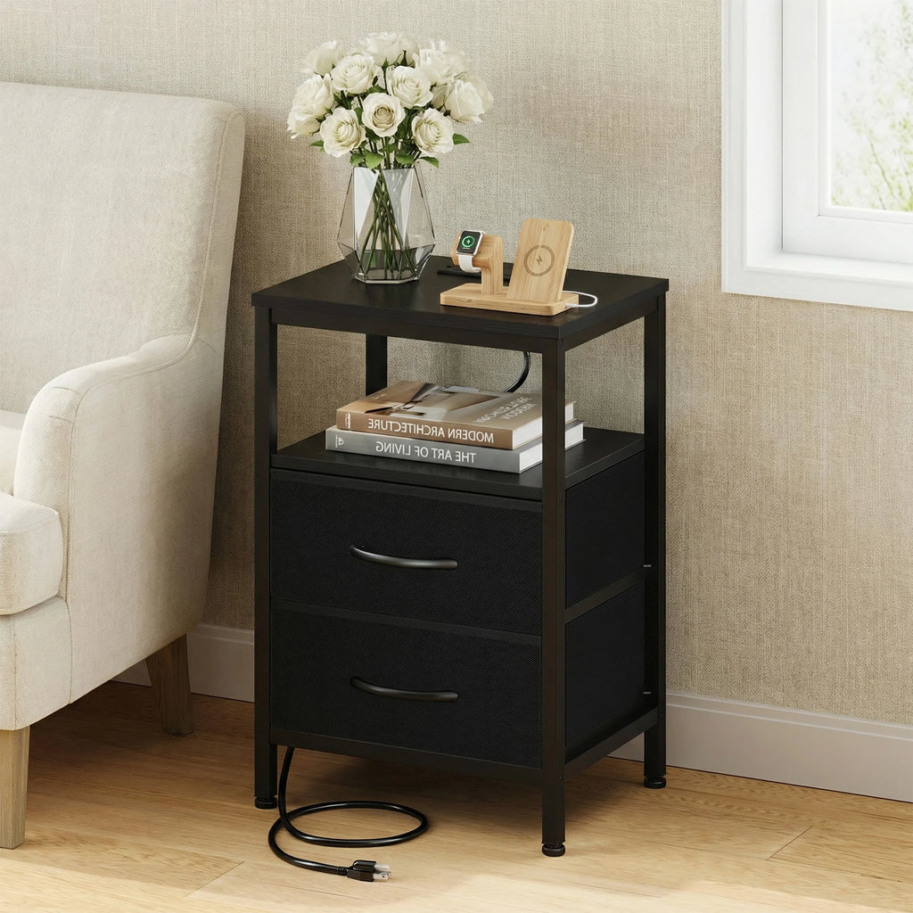 Fabric Drawer Night Stand with Open Shelf