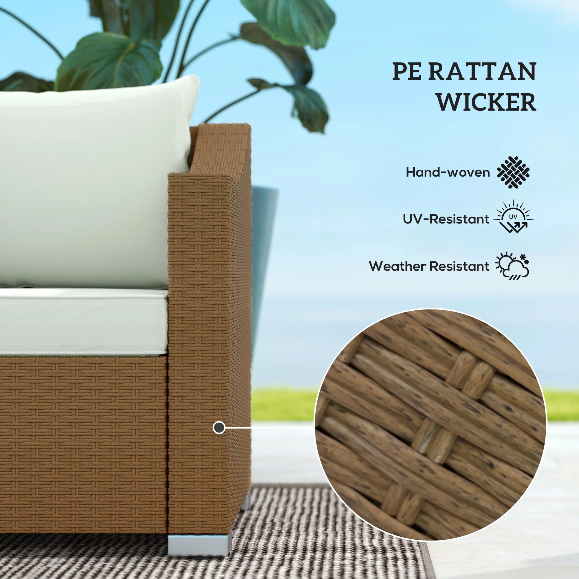 3 Seater Patio Wicker Sofa, Outdoor Furniture Rattan Couch with Cushions, Throw Pillows, for Garden, Backyard, Porch, Light Gray
