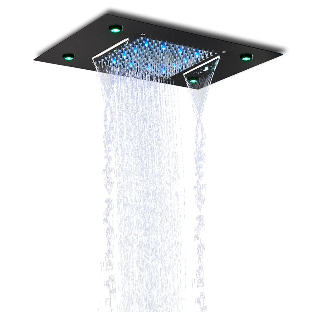 Black Rain Waterfall Shower Head Remote Control LED