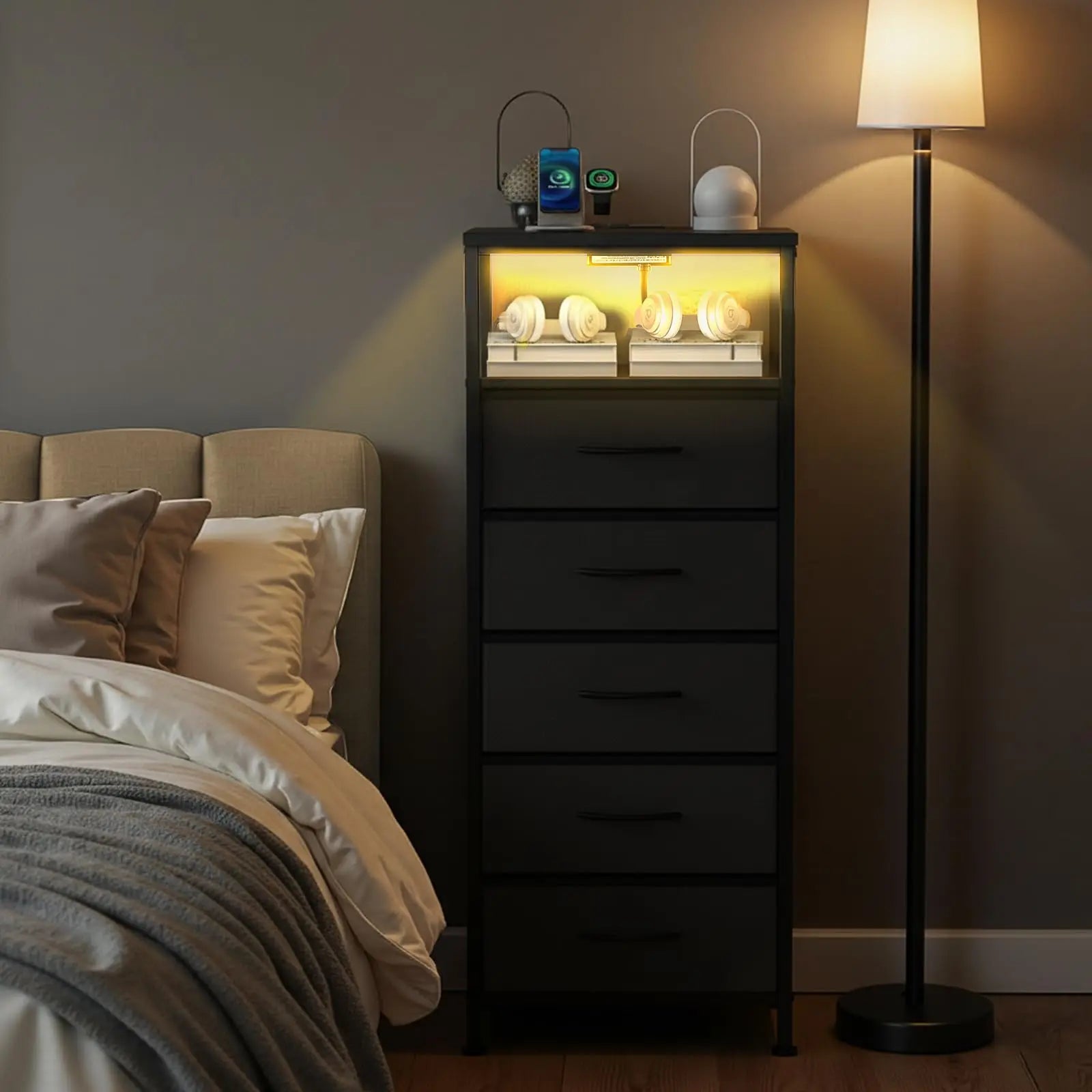 5 Fabric Drawer Nightstand with Charging/outlet