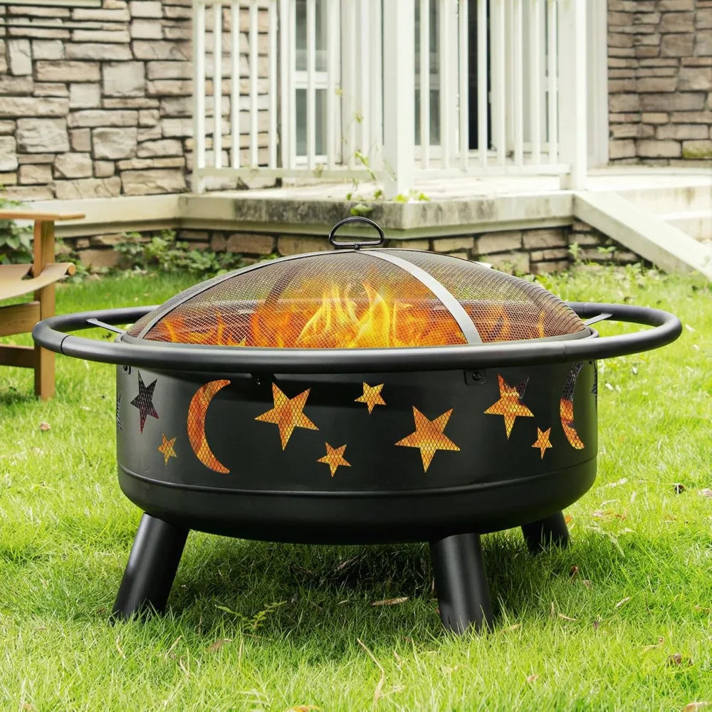 32" Round Wood Burning Fire Pit, Mesh Cover, Fire Poker