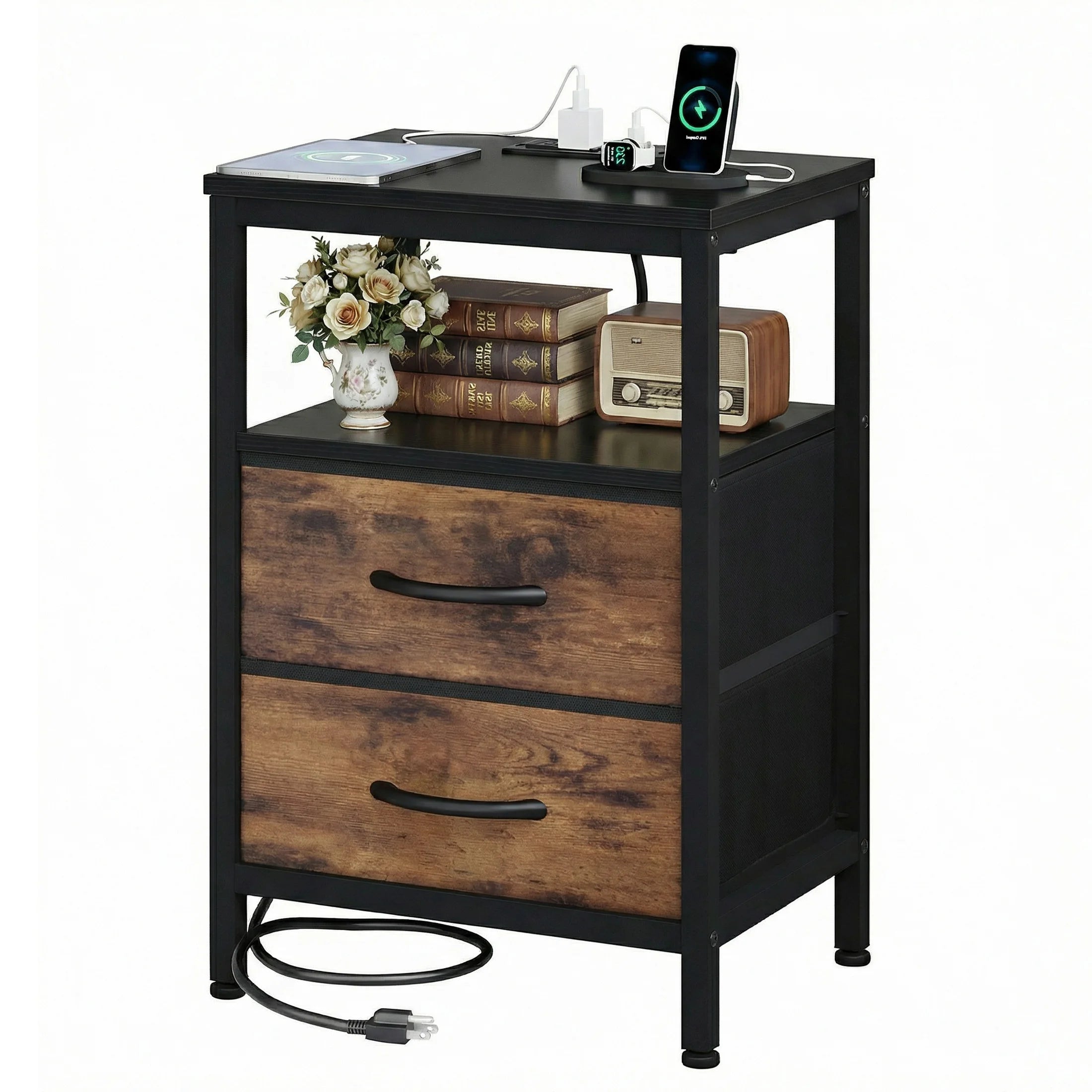 2 Drawer Night Stand, Shelf, USB, Charging Station
