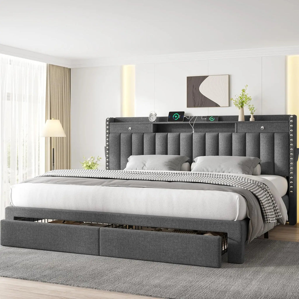 King Size Bed Frame with 4 Storage Drawers, USB Station