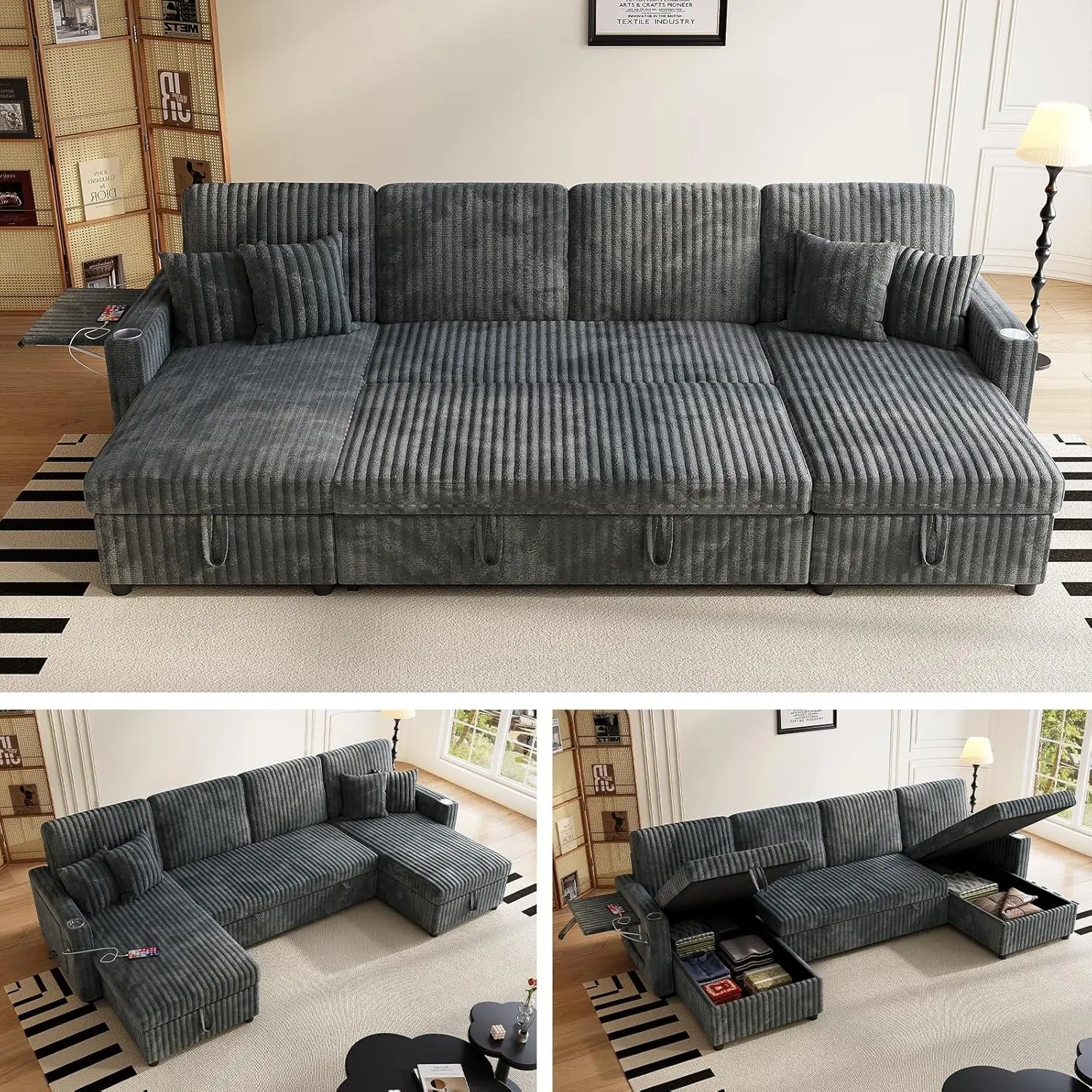 Sectional Sofa Pull Out Bed, Storage Chaise USB