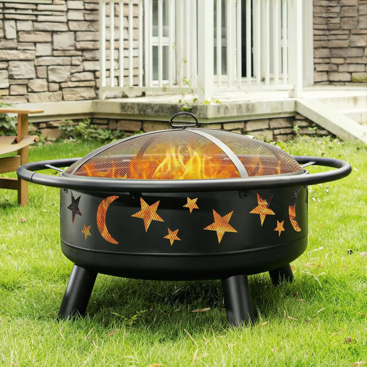 32" Round Wood Burning Fire Pit, Mesh Cover, Fire Poker
