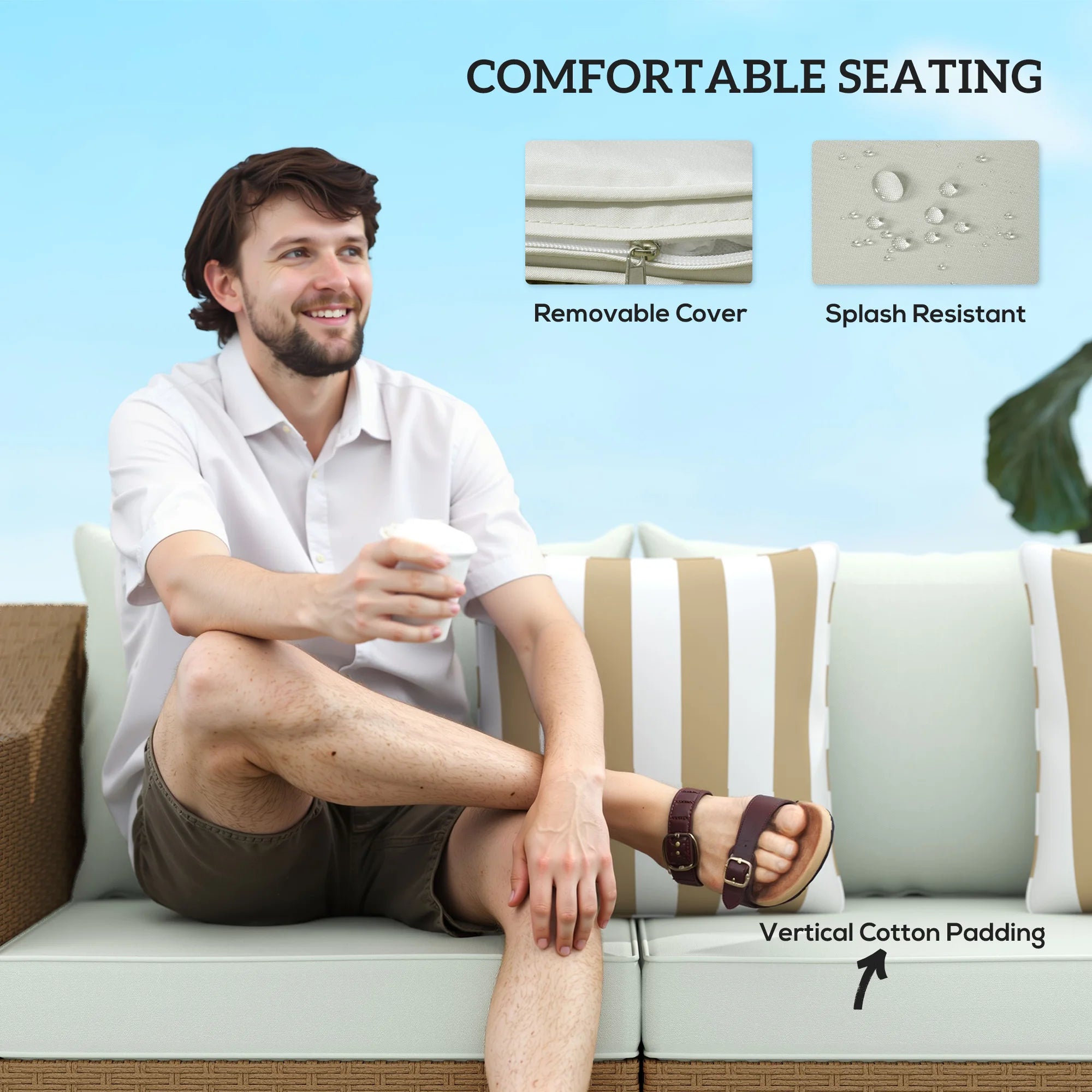 3 Seater Patio Wicker Sofa, Outdoor Furniture Rattan Couch with Cushions, Throw Pillows, for Garden, Backyard, Porch, Light Gray