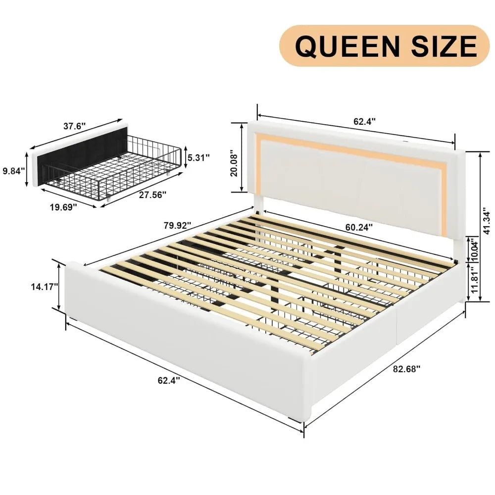 Bed Frame with 4 Drawers, Adjustable Headboard, LED, USB,