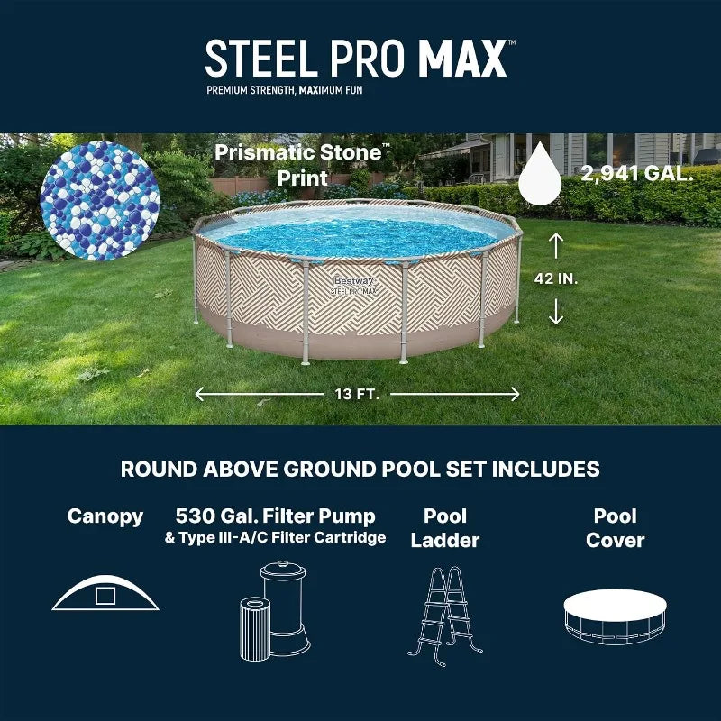 Steel 13ft Round Pool w/canopy, Pump & Ladder