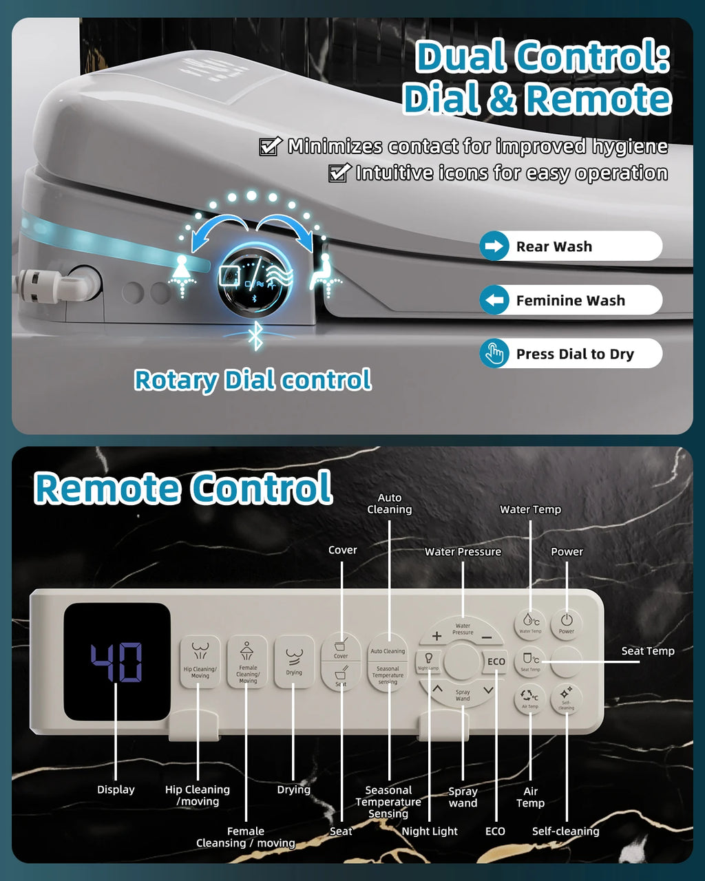 Elongated Smart Toilet Seat air dryer/light/remote control