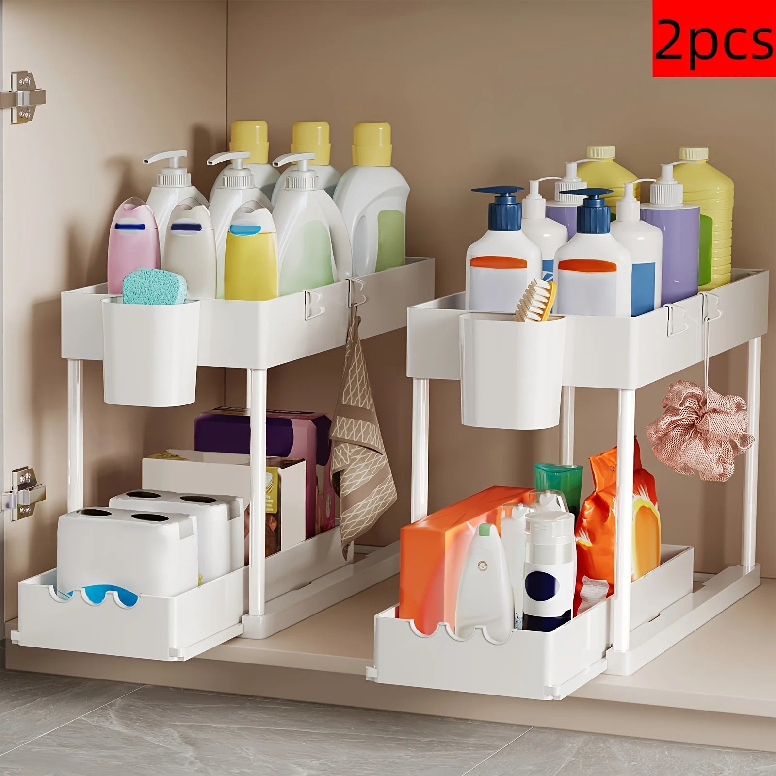 2Pcs 2-Tier Organizer, Pull-Out Under Sink Rack