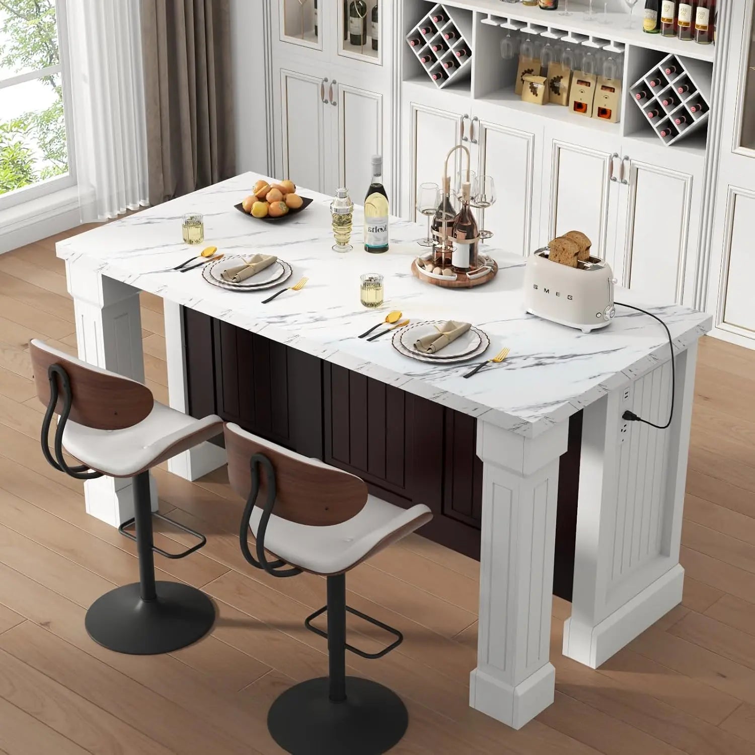 63" Large Imitation Marble Dining Table With LED Lights