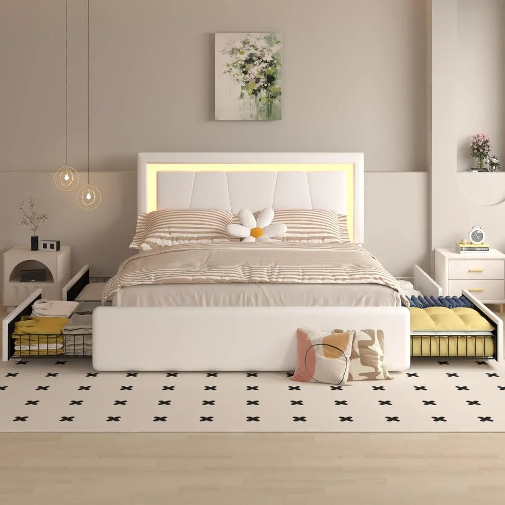 Bed Frame with 4 Drawers, Adjustable Headboard, LED, USB,