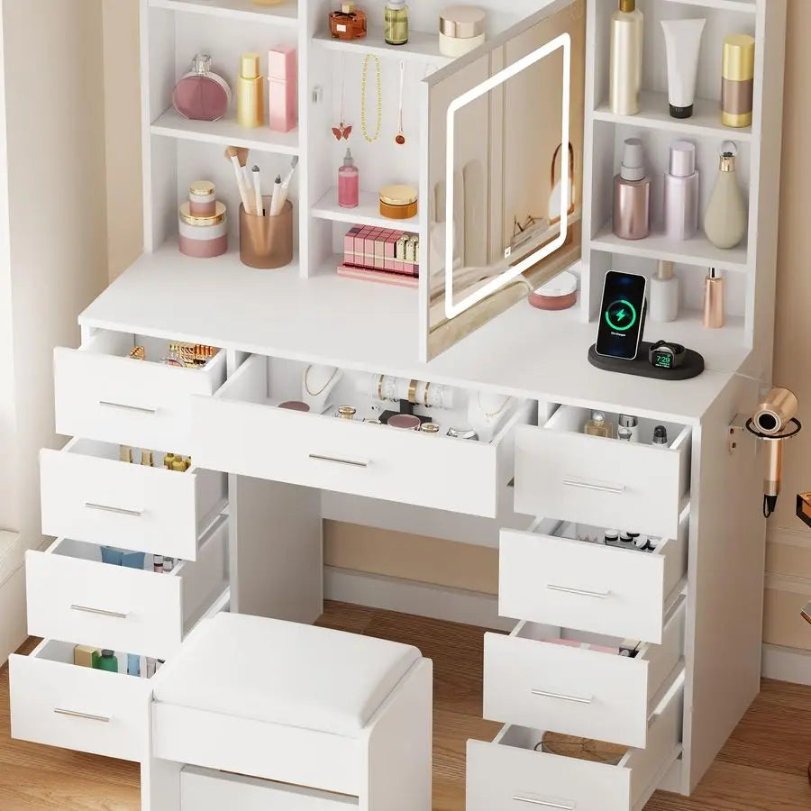 Vanity Desk with Mirror, Lights, power outlets