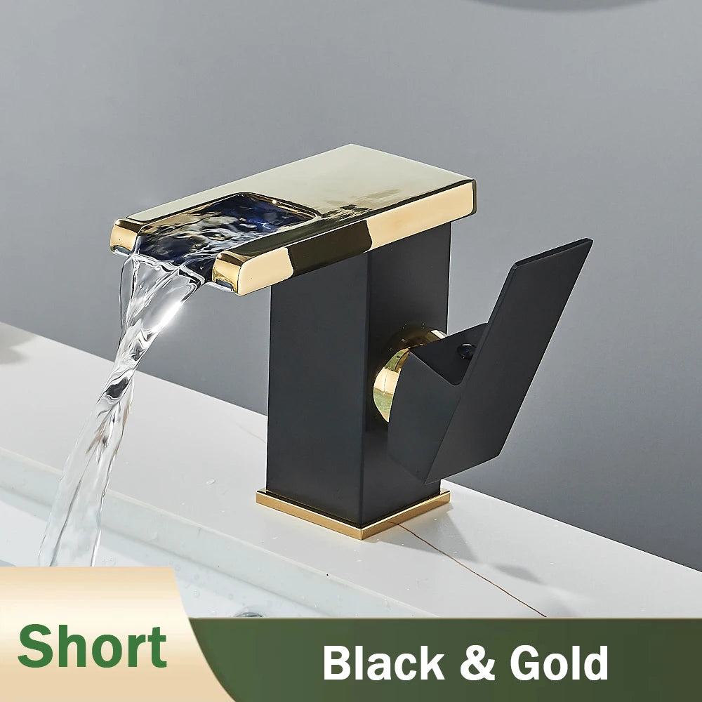 Rozin LED Bathroom Basin Faucet Black Waterfall Sink Faucets Hydroelectric LED Deck Mounted Crane Hot Cold Water Mixer Tap