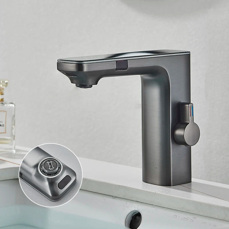 Luxury Silver Gray Smart LCD Bathroom Basin Faucet
