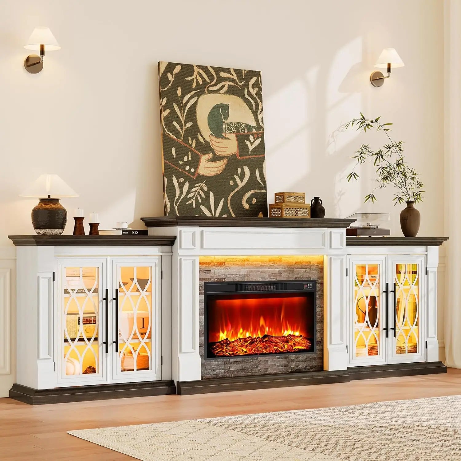 TV Stand, Electric Fireplace Mantel with Cabinets, Glass Doors