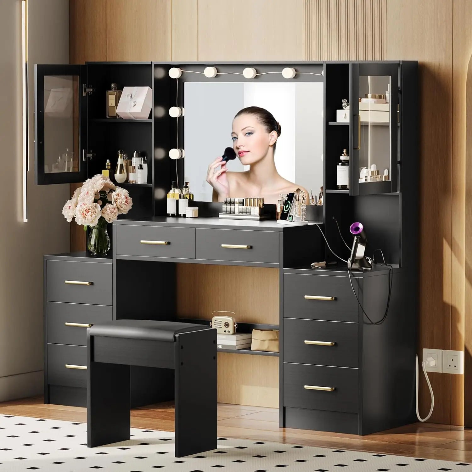 Black Vanity Desk with Mirror, Lights, Charging Station, 8 Drawers, 2 Cabinets