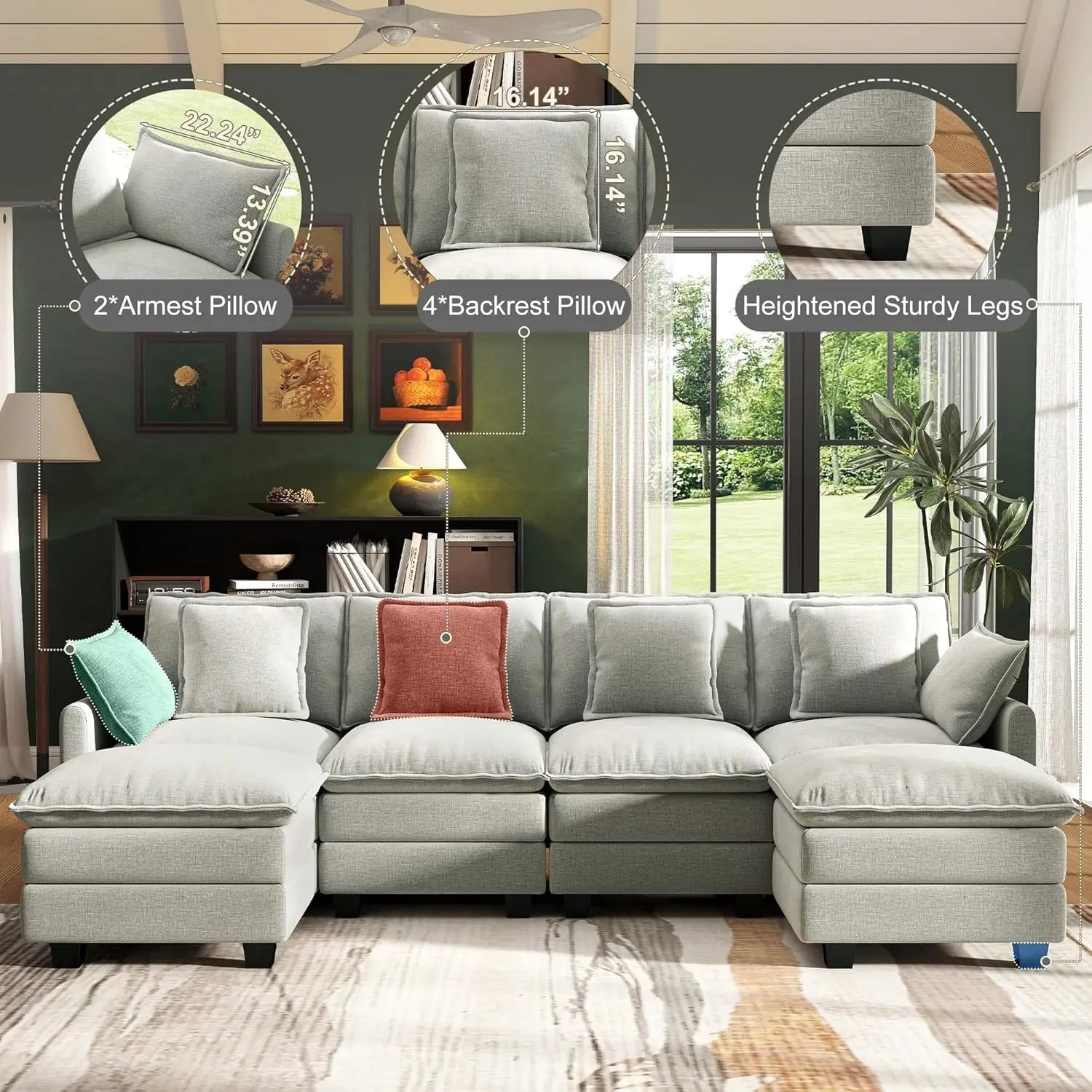 Modular Sectional Sofa Deep Seat, 2 Ottomans