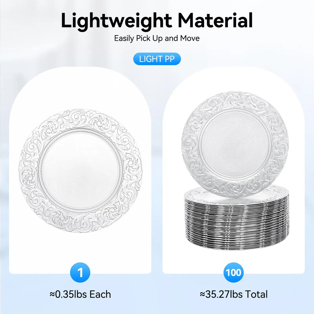 100 Pcs Silver Charger Plates Bulk