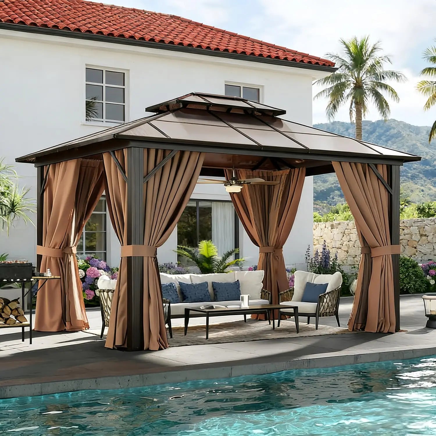 10'x12' Hardtop Gazebo Outdoor Permanent Gazebo with Double Polycarbonate Roof Canopy, Aluminum Frame Permanent, Custom
