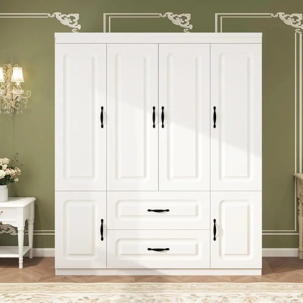 4-Door Wardrobe with 2 Drawers, Hanging Rails, Shelves