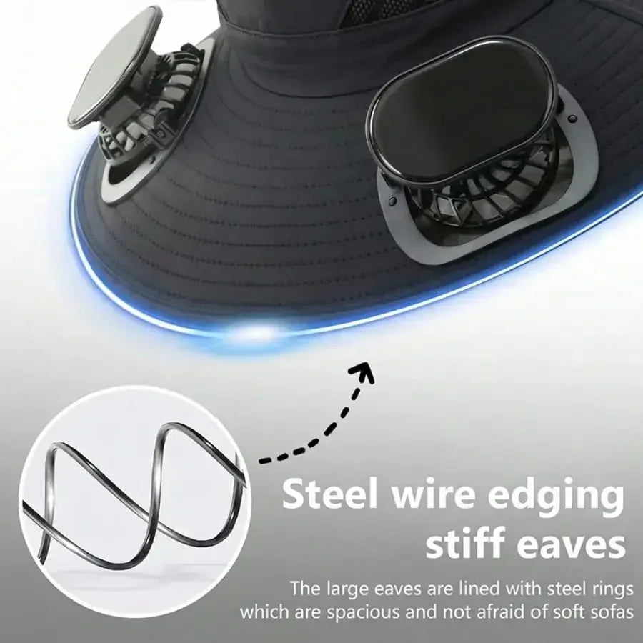 Solar Fan Cap, 180 ° Adjustable Fan, UPF50, USB, Solar Powered
