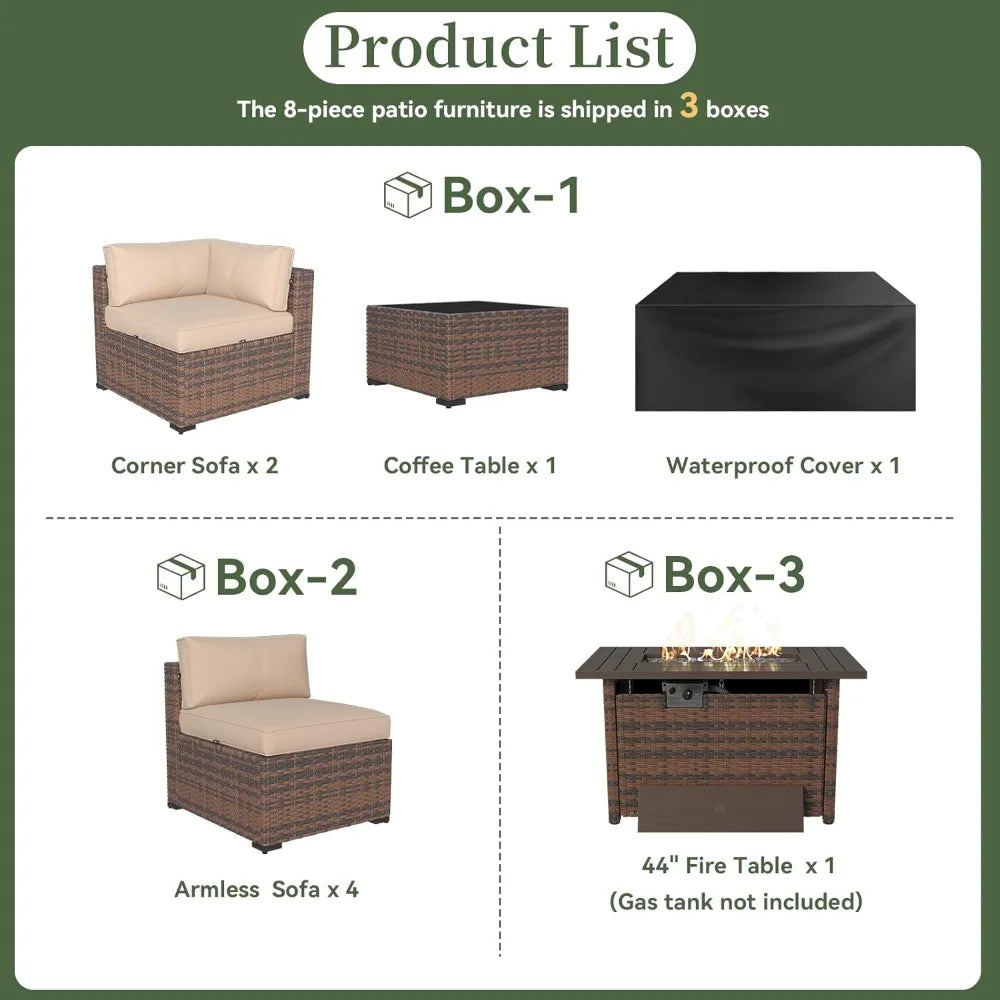 8 Pcs Patio Set With 44” Fire Pit Table