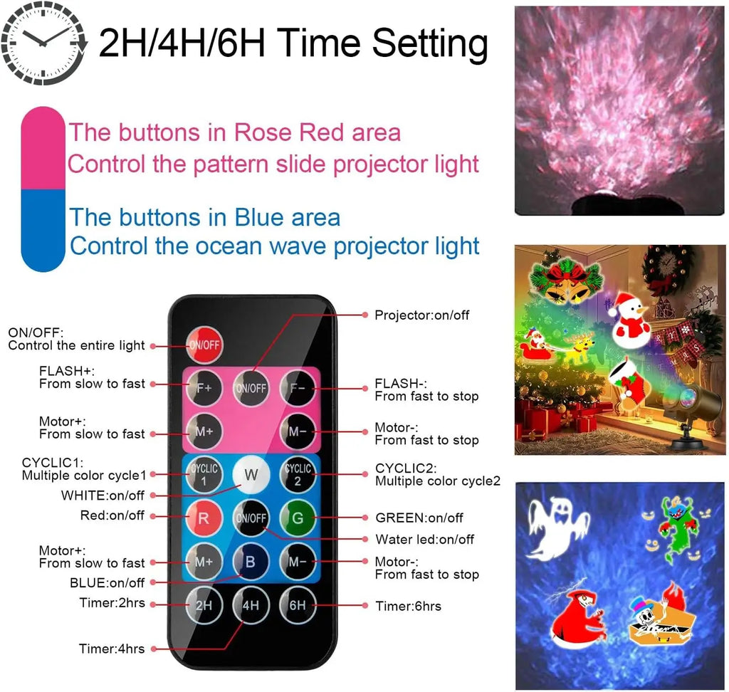 Outdoor Projector Lights  16 Slides, Water Wave Lamp, Timer, Remote