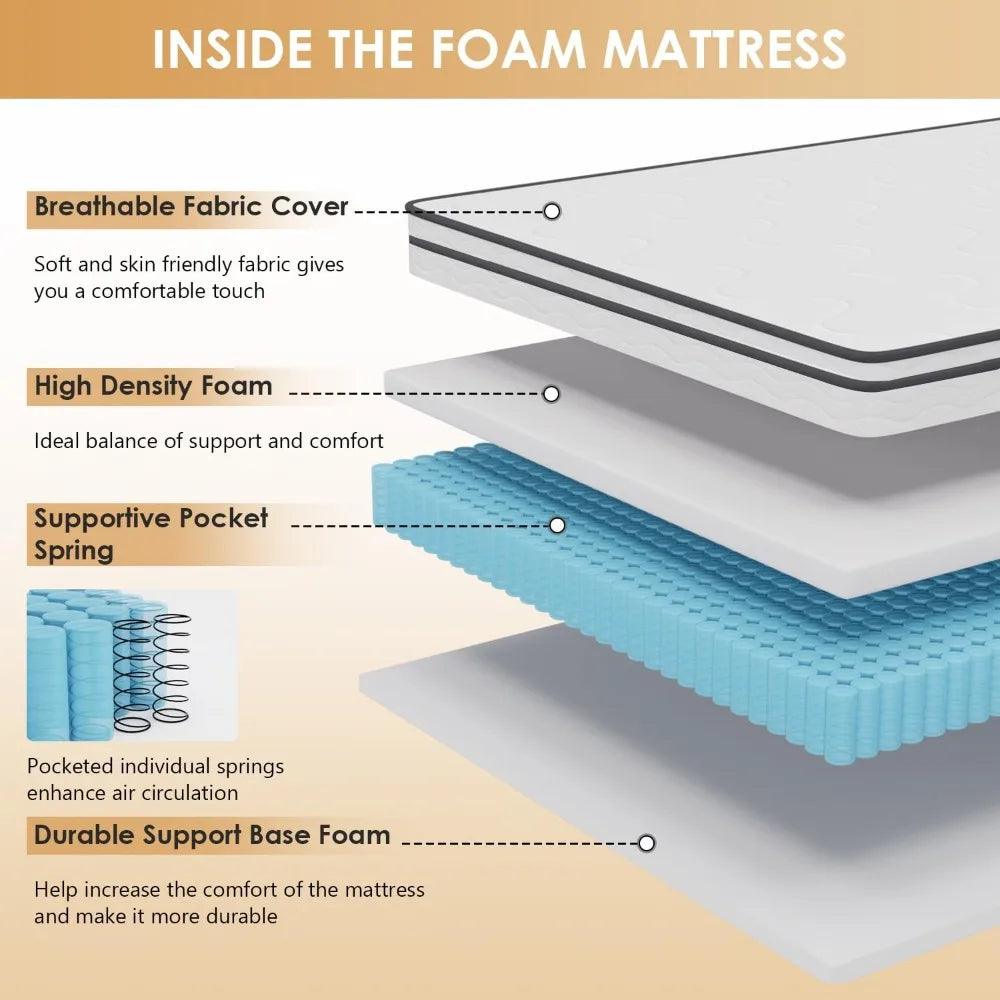 Hybrid Mattress With High-Density Foam, Breathable Cover, Pocket Spring Design