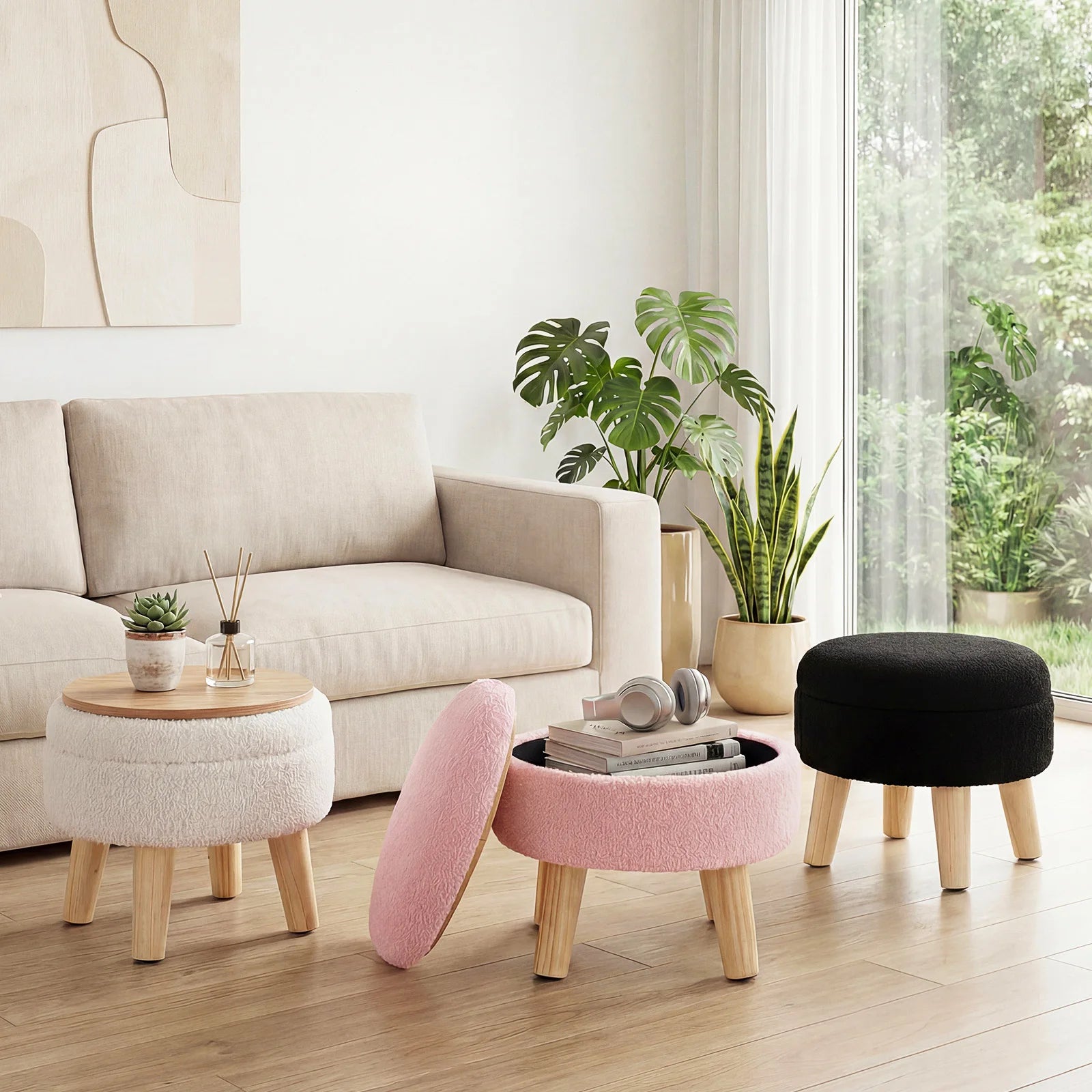 Round Storage Ottoman Padded Seat Footstool