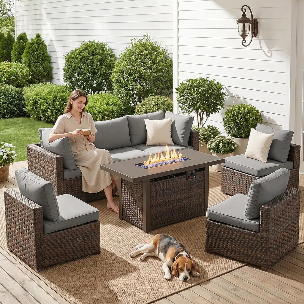 7-Pc. Patio Furniture Set Propane Firepit Table.
