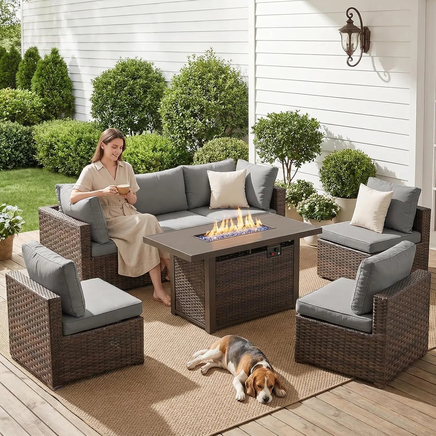 7-Pc. Patio Furniture Set Propane Firepit Table.