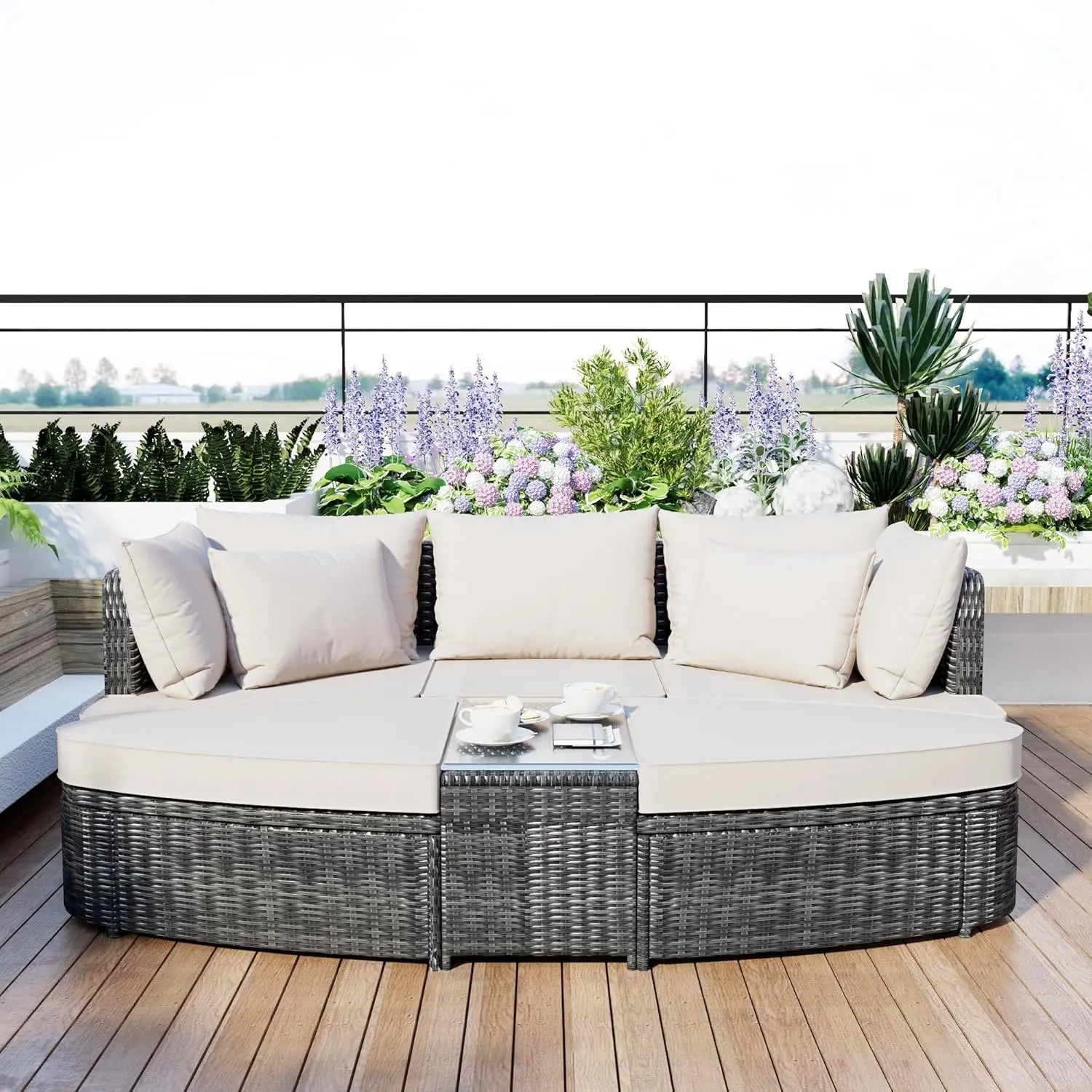 Wood Half-Moon Outdoor Sofa Set Coffee Table