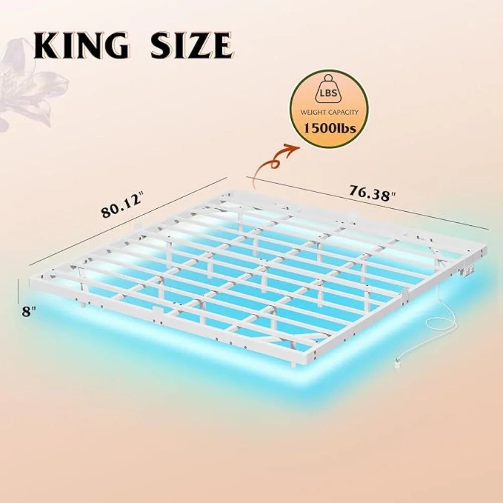 1500Lbs Heavy Duty Metal King Bed Frame with LED Light, Charging Station