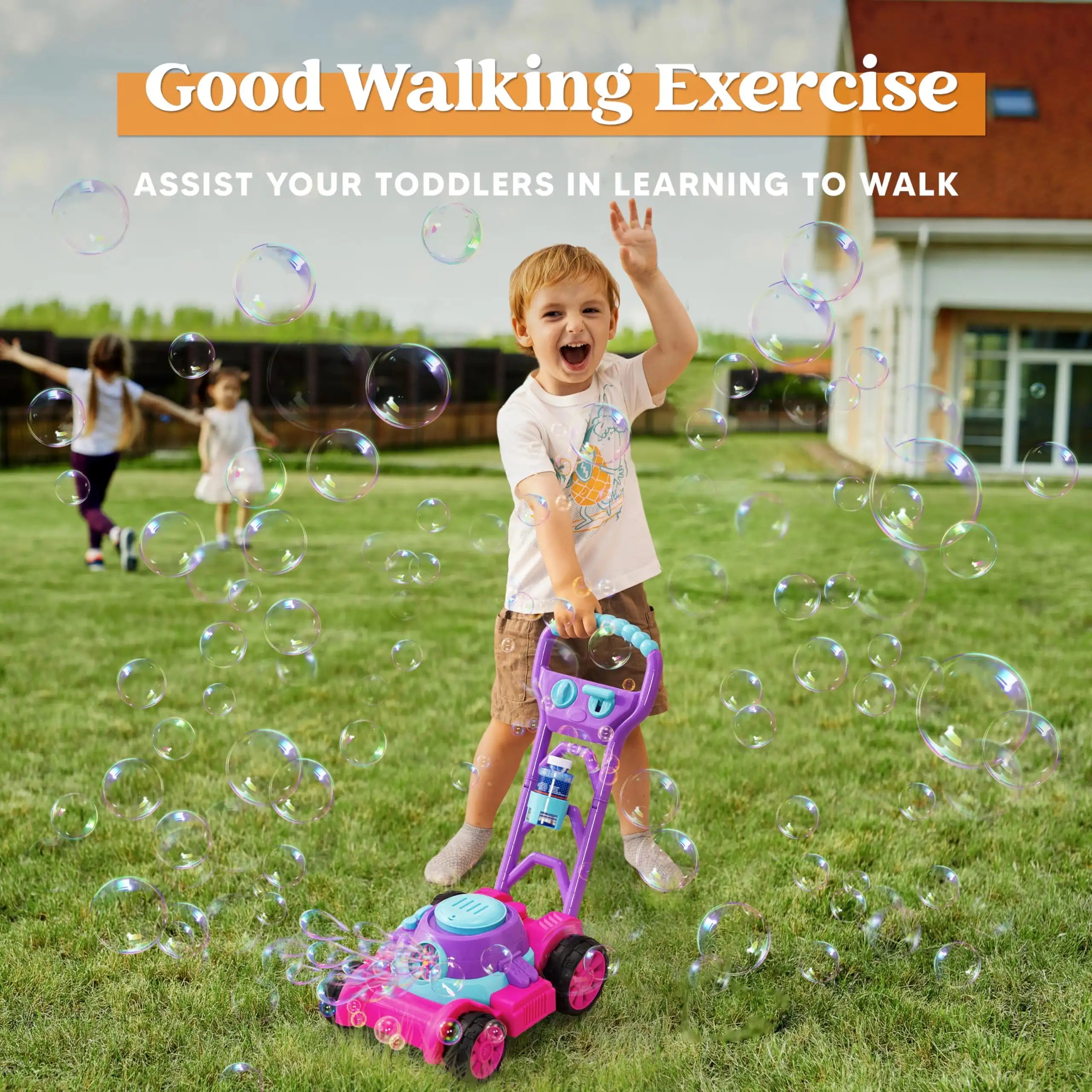 JOYFY Bubble Lawn Mower Bubble Machine Summer Outdoor Toys Pink Bubble Blower for Kids 3-6 Birthday Gifts
