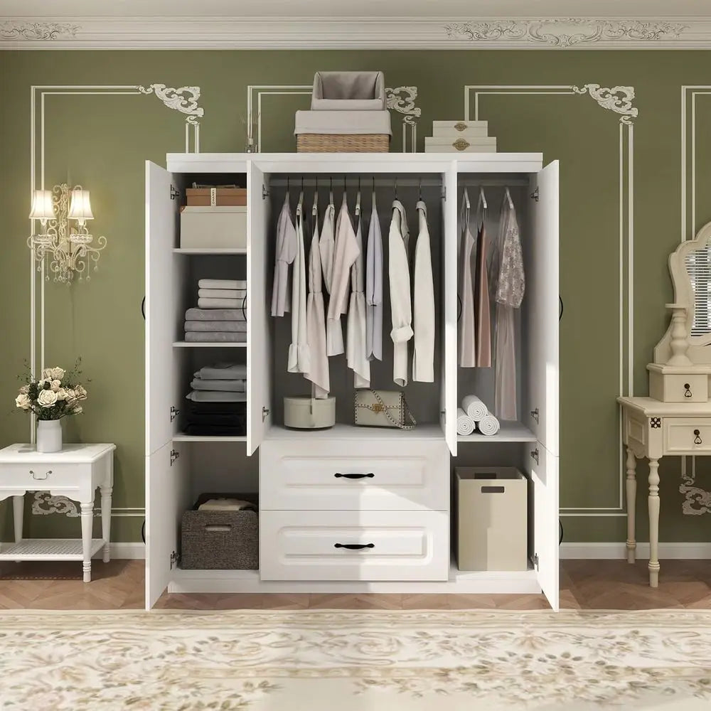 4-Door Wardrobe with 2 Drawers, Hanging Rails, Shelves