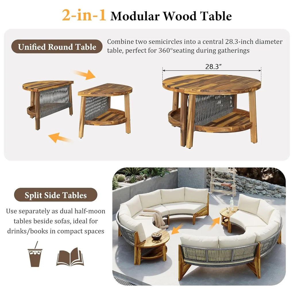 Wood Half-Moon Outdoor Sofa Set Coffee Table