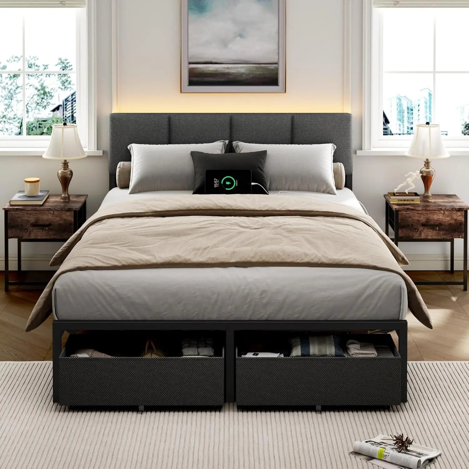 Full Size Bed Frame, Headboard, Upholstered, LED