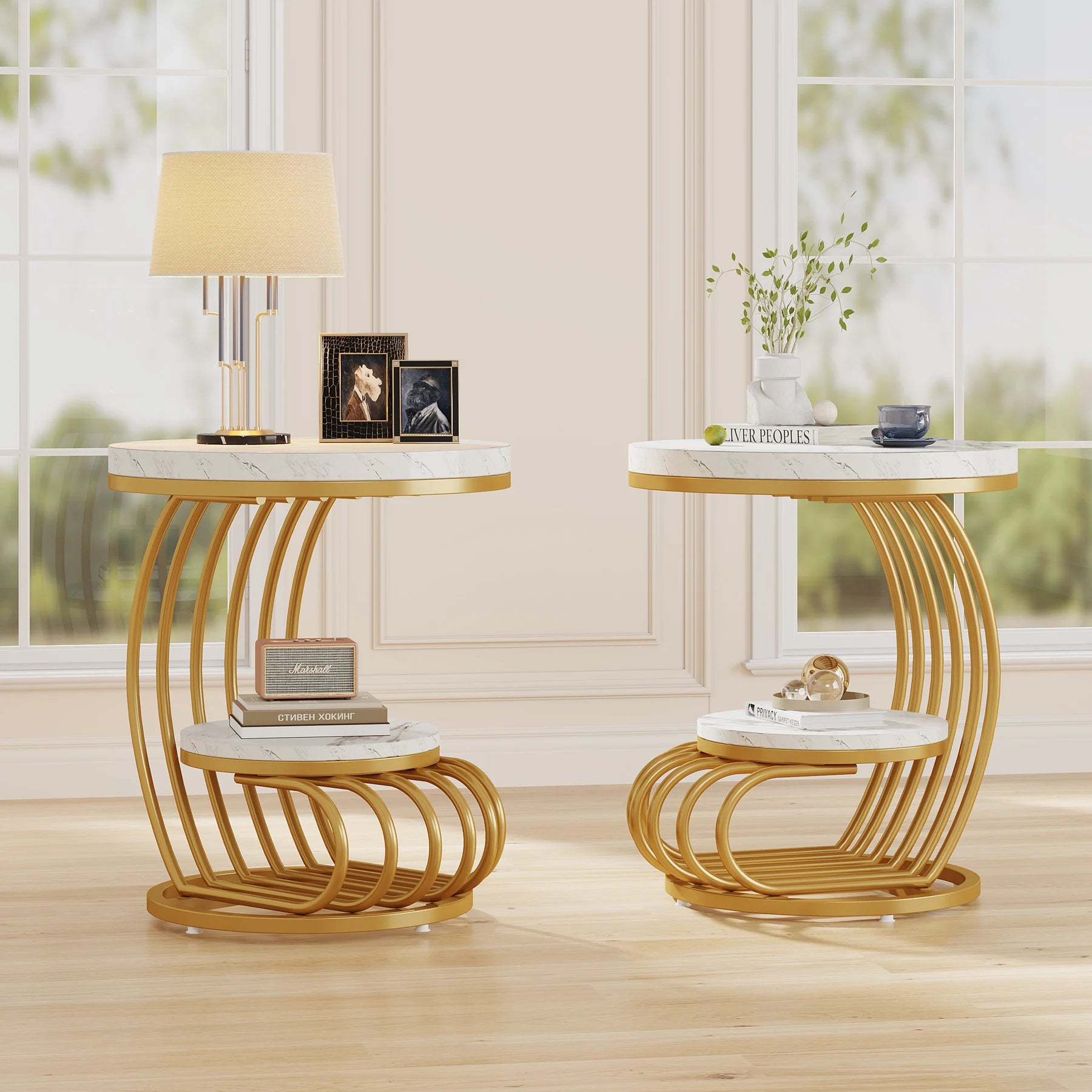 2 Tiers Faux Marble Side Table with Storage Shelf