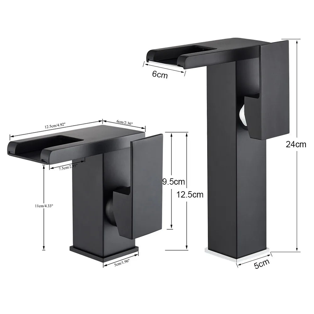 Rozin LED Bathroom Basin Faucet Black Waterfall Sink Faucets Hydroelectric LED Deck Mounted Crane Hot Cold Water Mixer Tap
