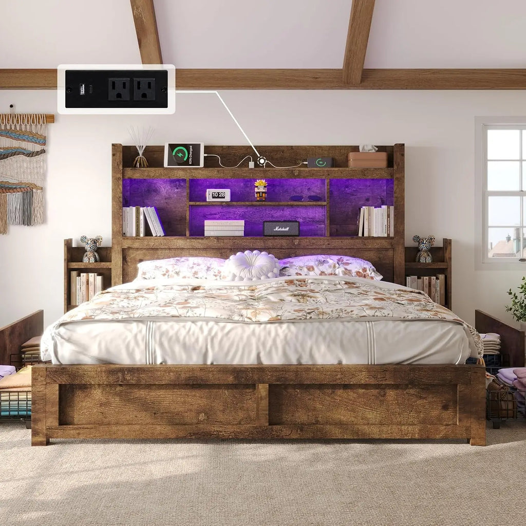 King Bed Frame, Bookcase, Headboard, 2 Bedside Storage Racks, Drawers